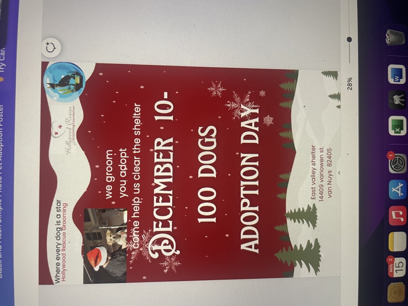 A Hollywood Rescue Grooming Foundation event flyer with mobile grooming vans, snowflakes, and Christmas trees, hosted at East Valley Shelter, 14409 Vanowen St, Van Nuys 91405