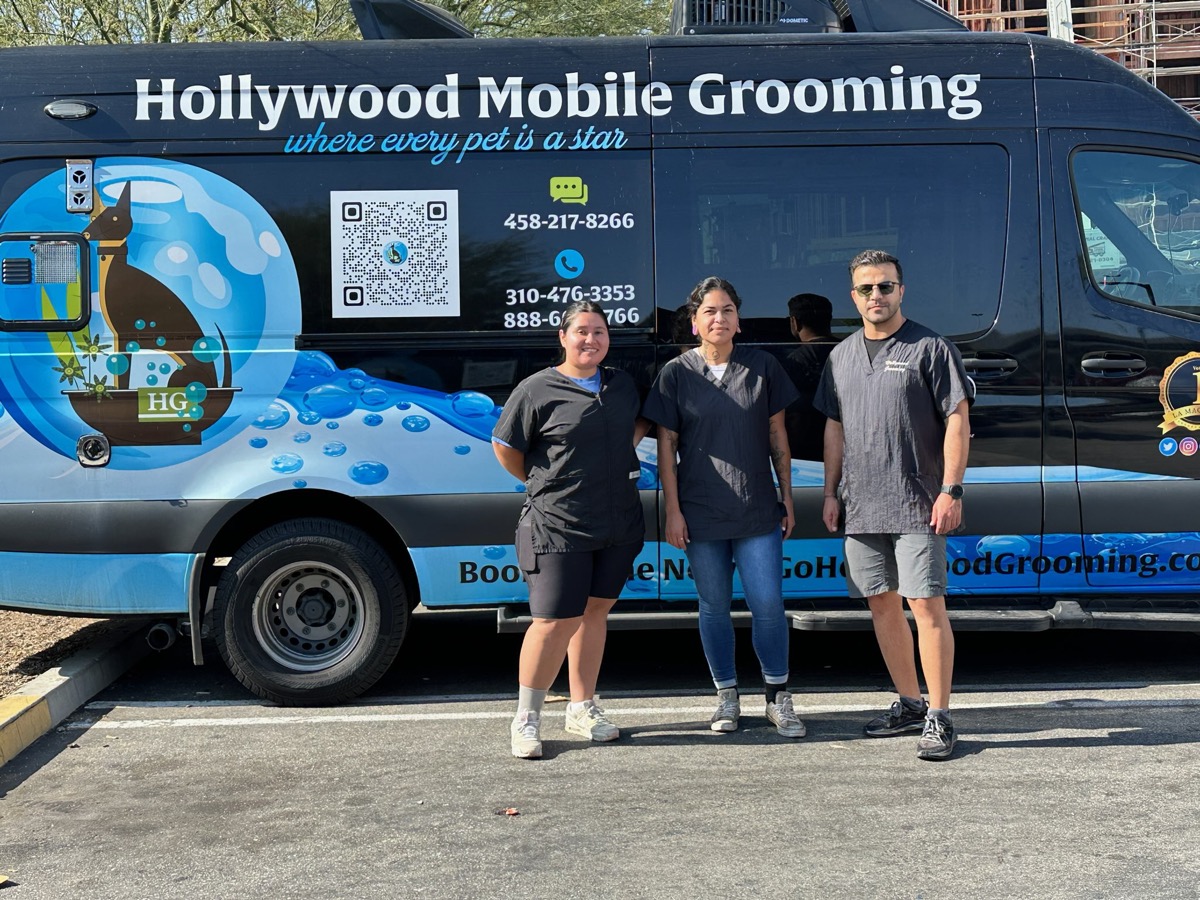 Hollywood Rescue Grooming Foundation team on-site with the American Red Cross, providing free mobile grooming for pets at an LA evacuation center