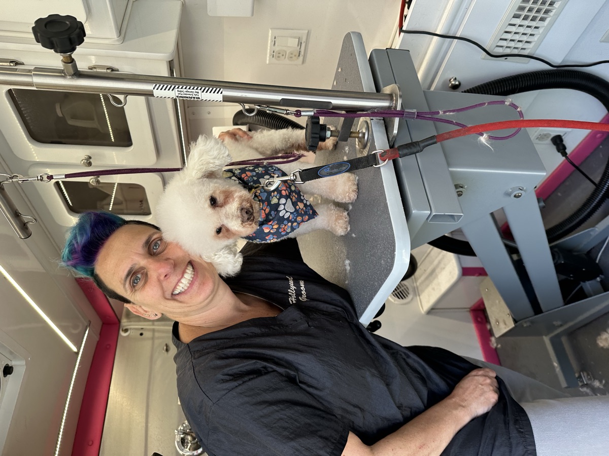 A Foundation volunteer groomer inside a mobile spa van, smiling next to a freshly-groomed white bichon-type dog wearing a fresh floral bandana